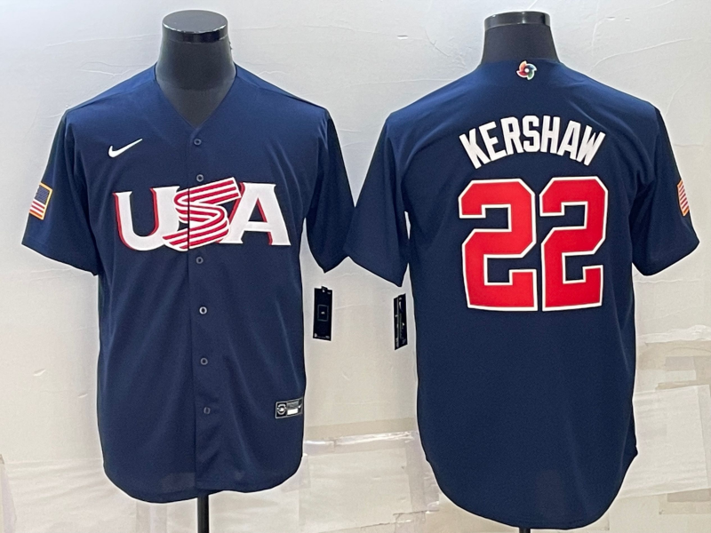 Men's 2023 World Baseball Classic #22 Clayton Kershaw USA Navy jersey