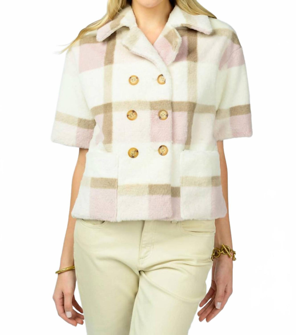 Double Button Fur Jacket In Ivory
