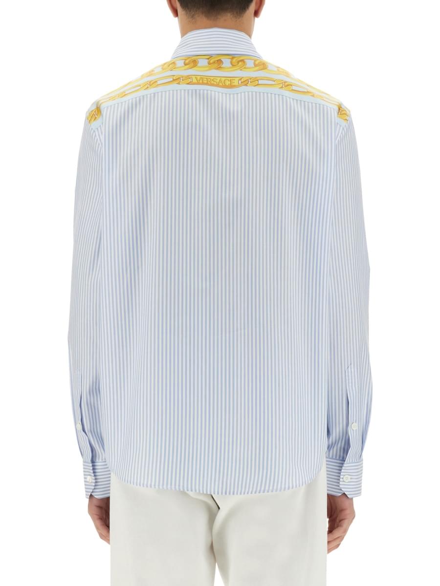 Versace Men Striped Shirt With Silk Printed Insert