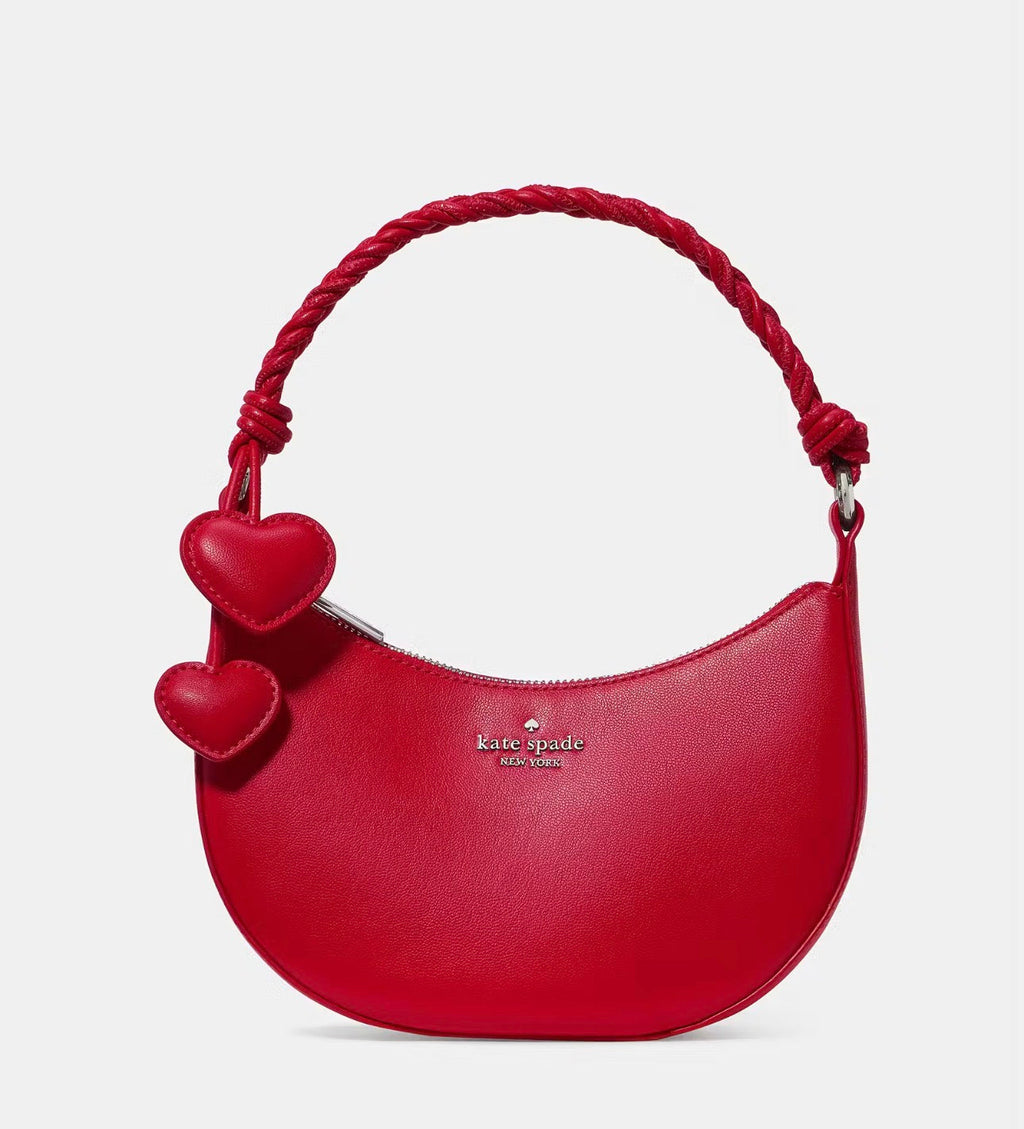 NWT Kate Spade Nova Braided Crescent Leather Shoulder Bag With Heart Charms