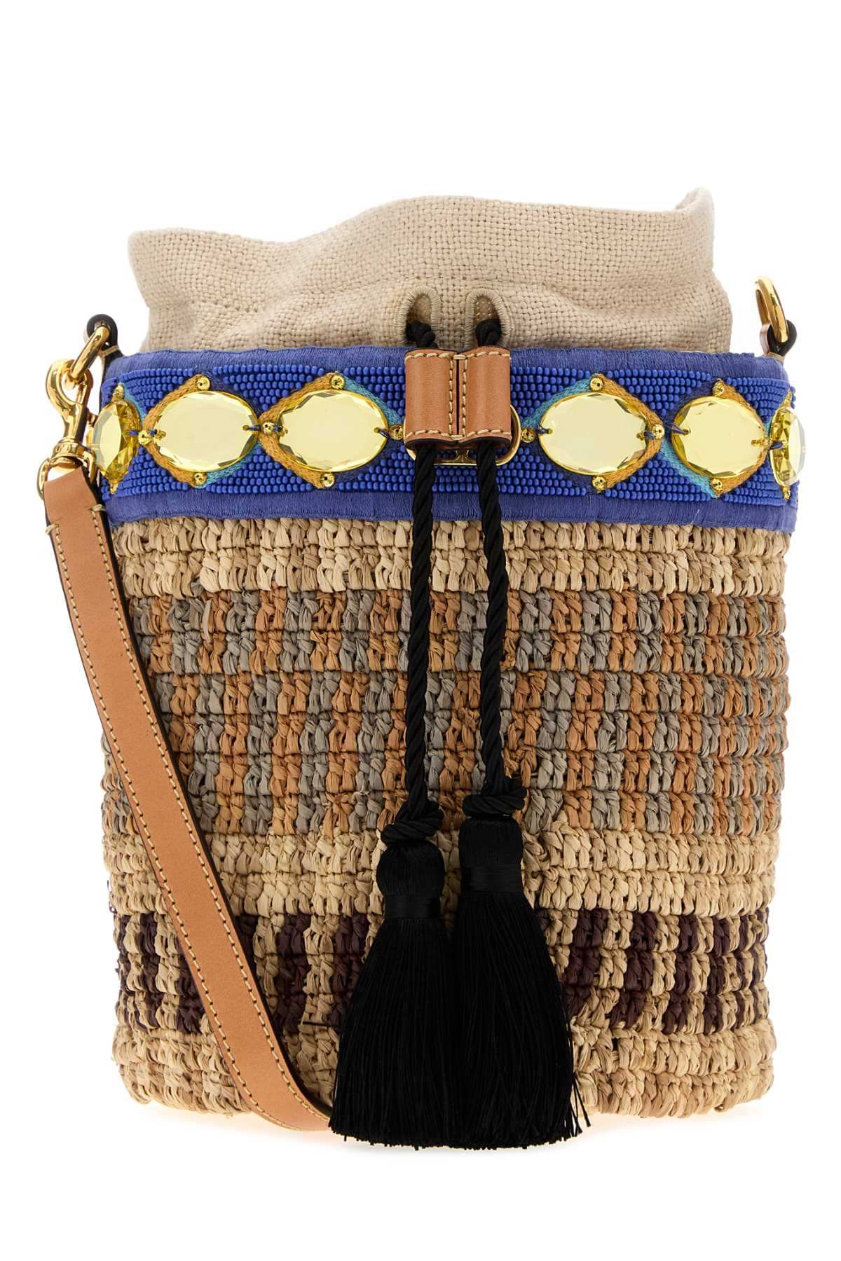 Valentino Garavani Women Embroidered Raffia Vlogo Signature Bucket Bag