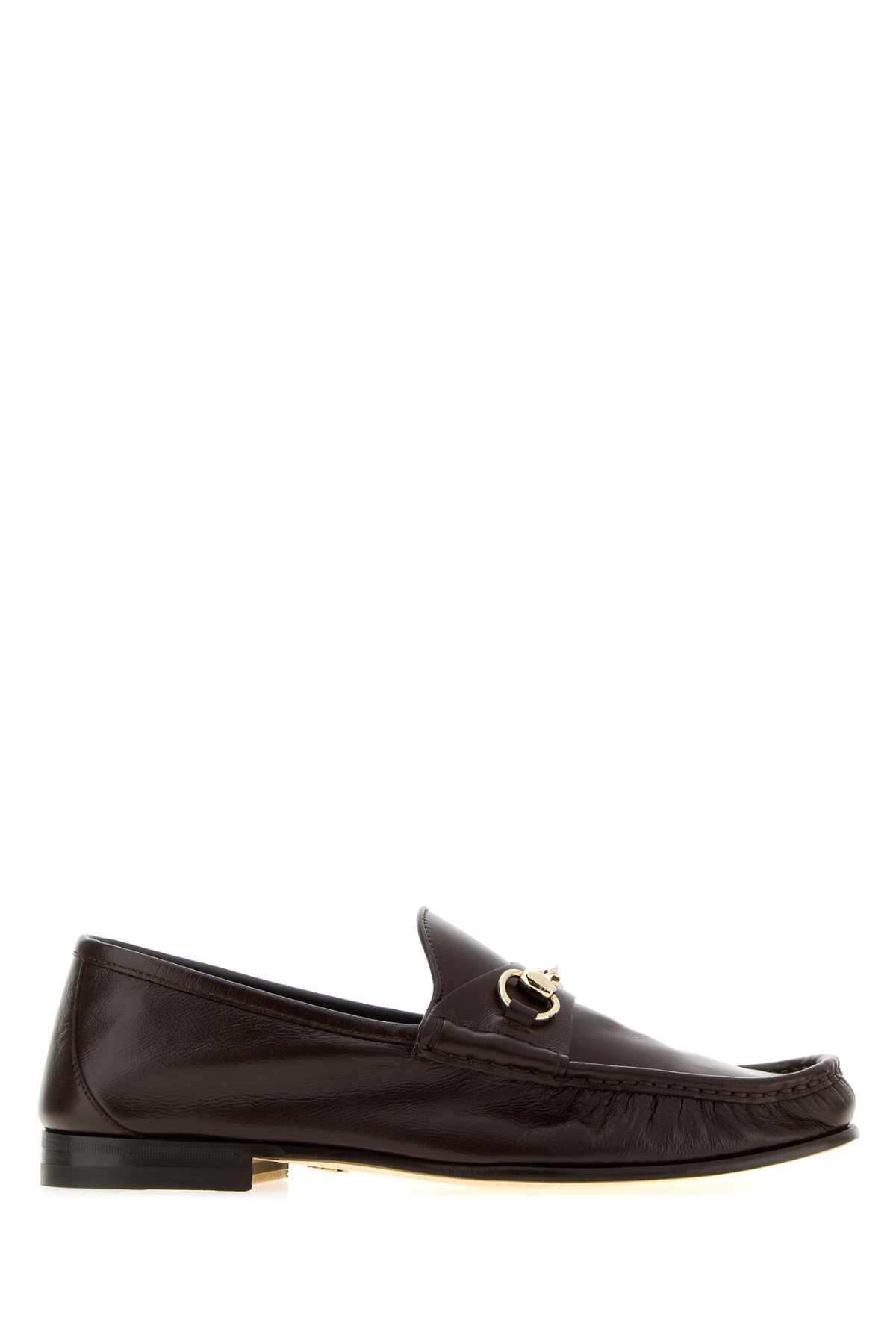 Gucci Men Dark Brown Leather Gucci Lugano Loafers