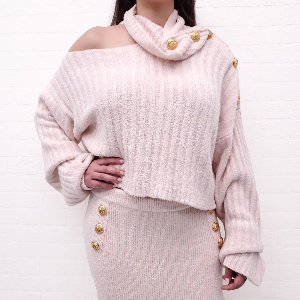 BALMAIN PINK FUZZY TWO-PIECE SET WITH LOGO BUTTONS - SIZE 50