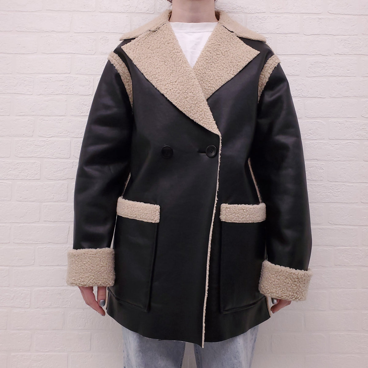 PROENZA SCHOULER WHITE LABEL BLACK FAUX SHERPA REVERSIBLE COAT - SIZE XS