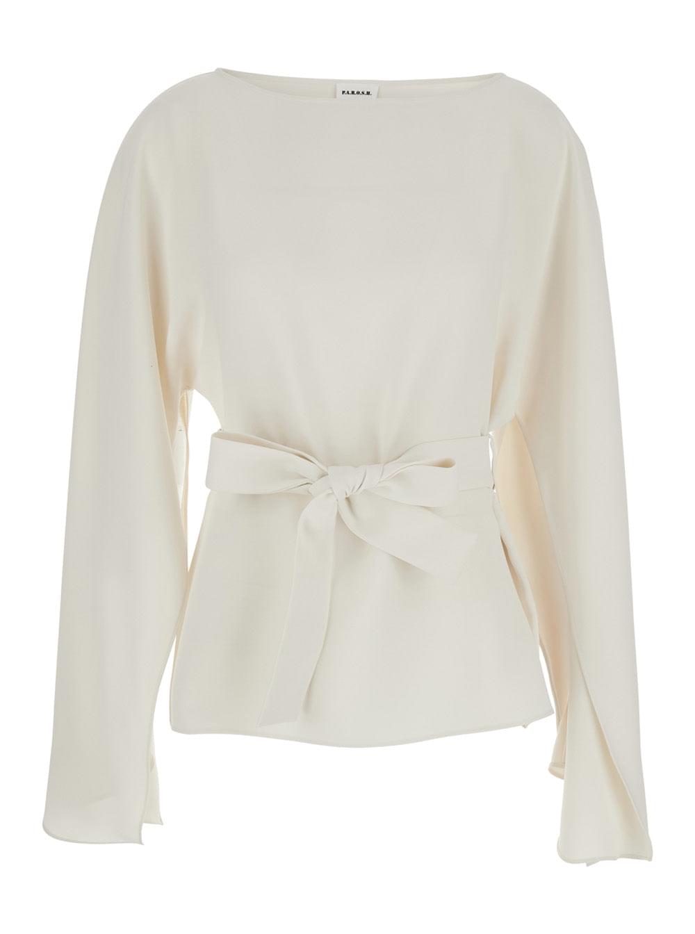 P.A.R.O.S.H. Women White Crew Neck Blouse With Bow Detail On The Front In Cady For Women