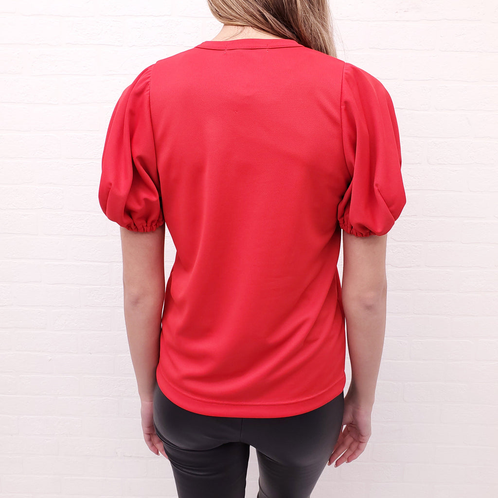 COMME DES GARÇONS RED SHORT SLEEVE PUFF DETAIL NEOPRENE TOP - SIZE M
