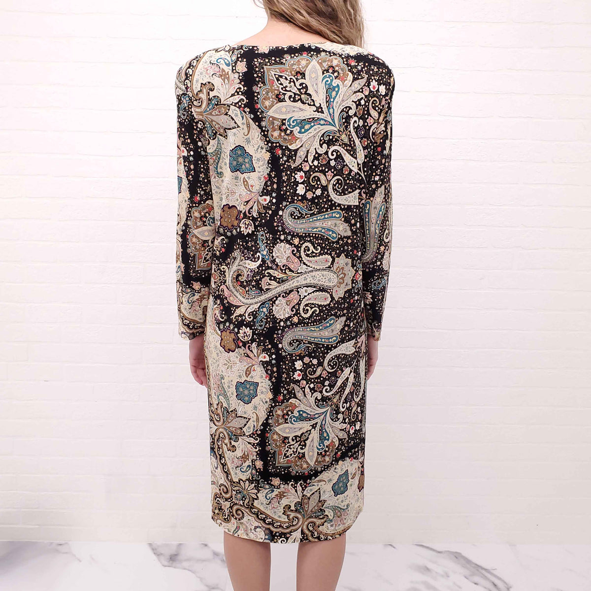 ETRO BLACK AND KHAKI PAISLEY PRINT SHIFT DRESS WITH SHOULDER PADS - SIZE 48