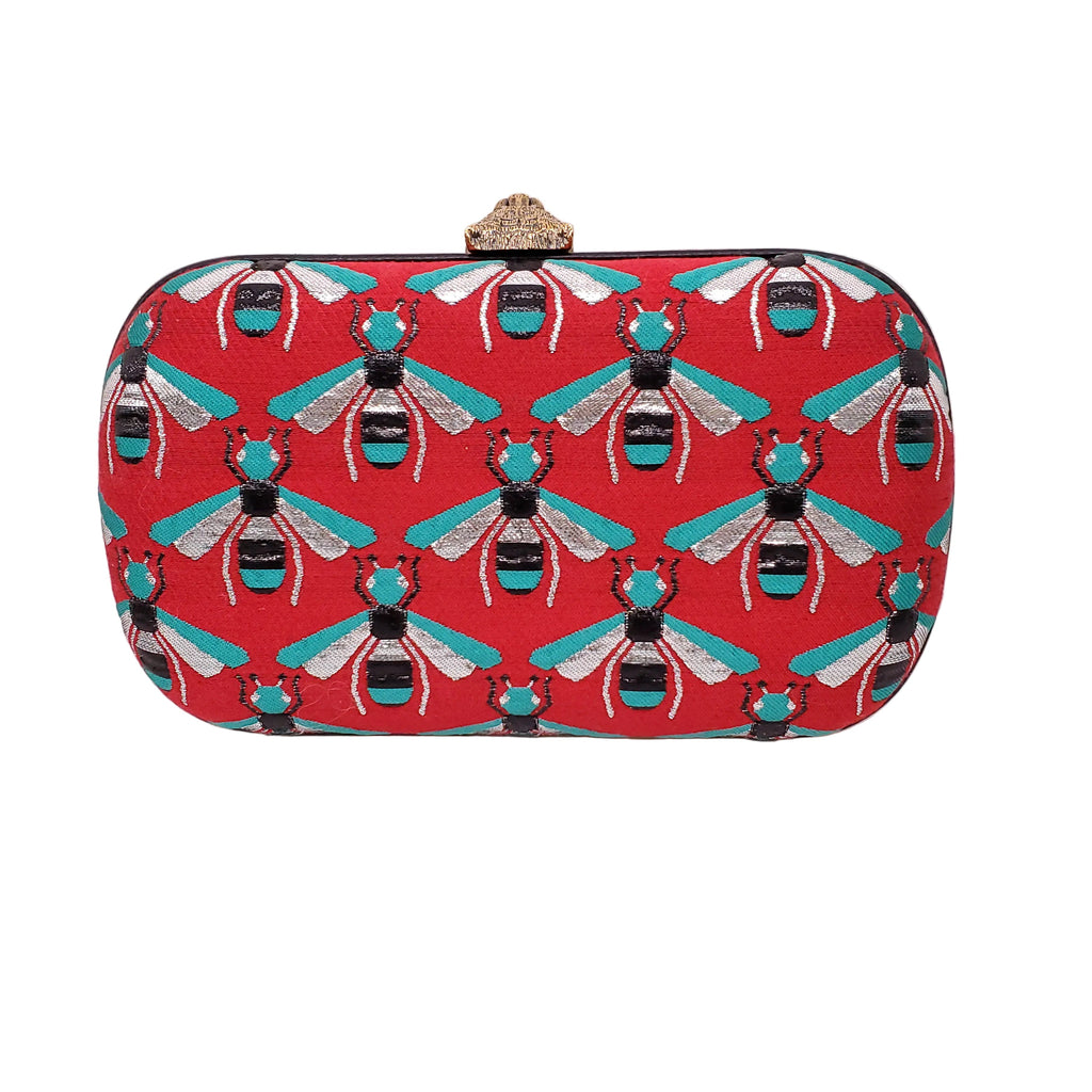 GUCCI EMBROIDERED BEE CLUTCH WITH SEQUIN DETAILS