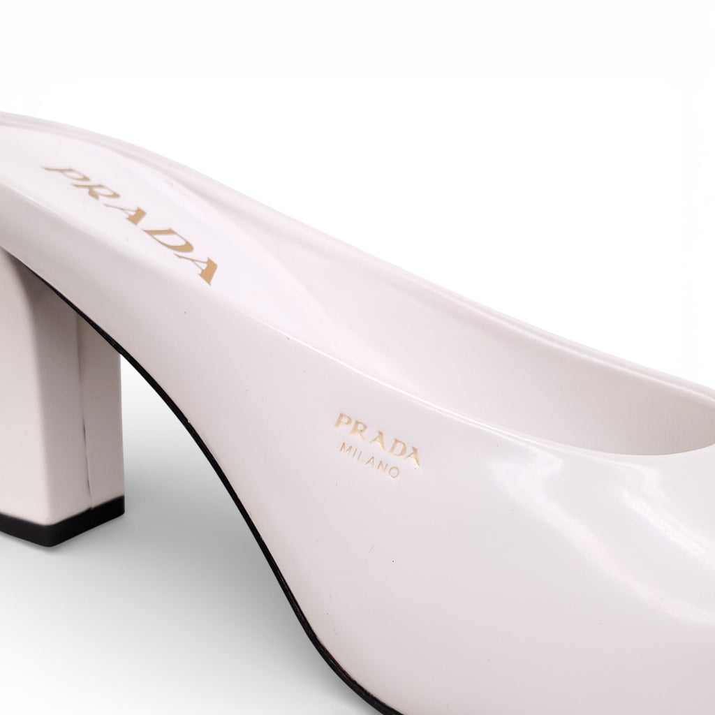 PRADA WHITE HEELED MULES WITH GOLD LOGO - SIZE 40