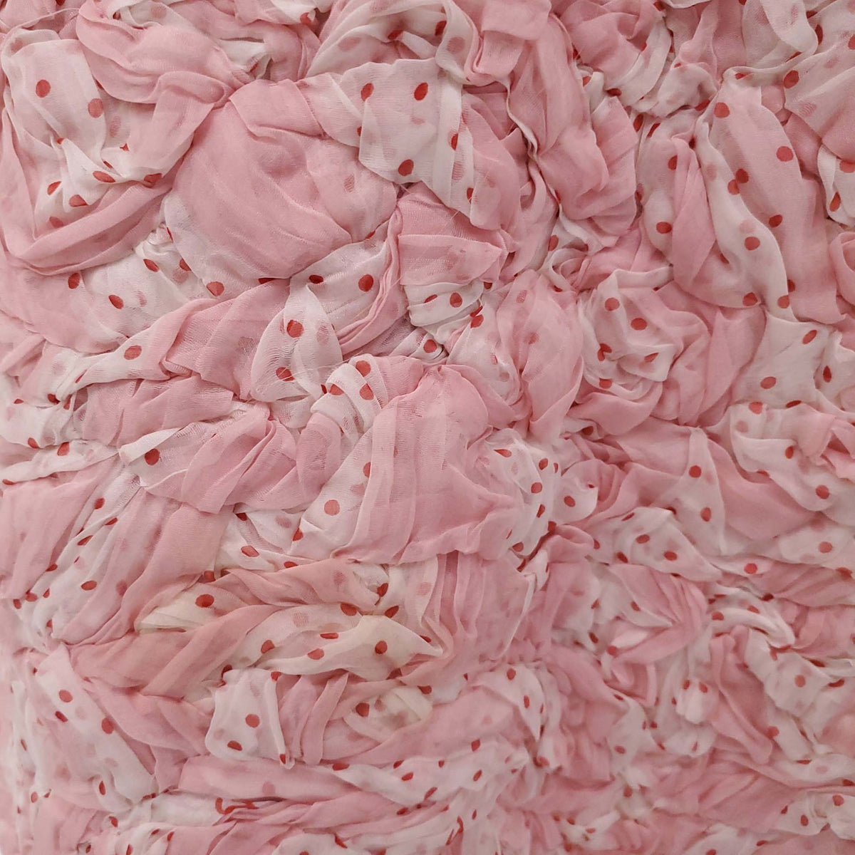 CHANEL S/S 2002 PINK POLKA DOT RUCHED PATTERNED DRESS WITH LACE AND LOGO DETAIL - SIZE 40