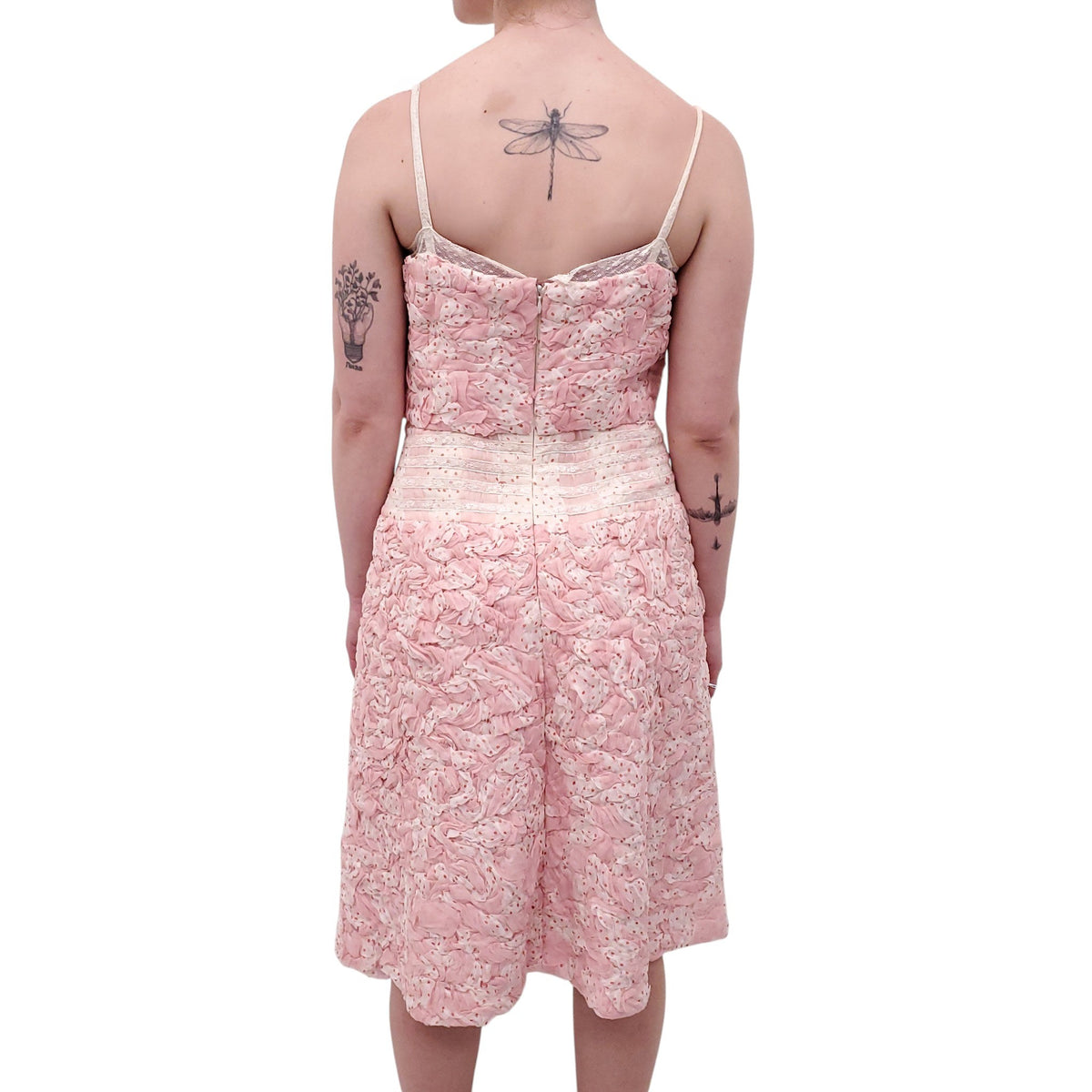 CHANEL S/S 2002 PINK POLKA DOT RUCHED PATTERNED DRESS WITH LACE AND LOGO DETAIL - SIZE 40