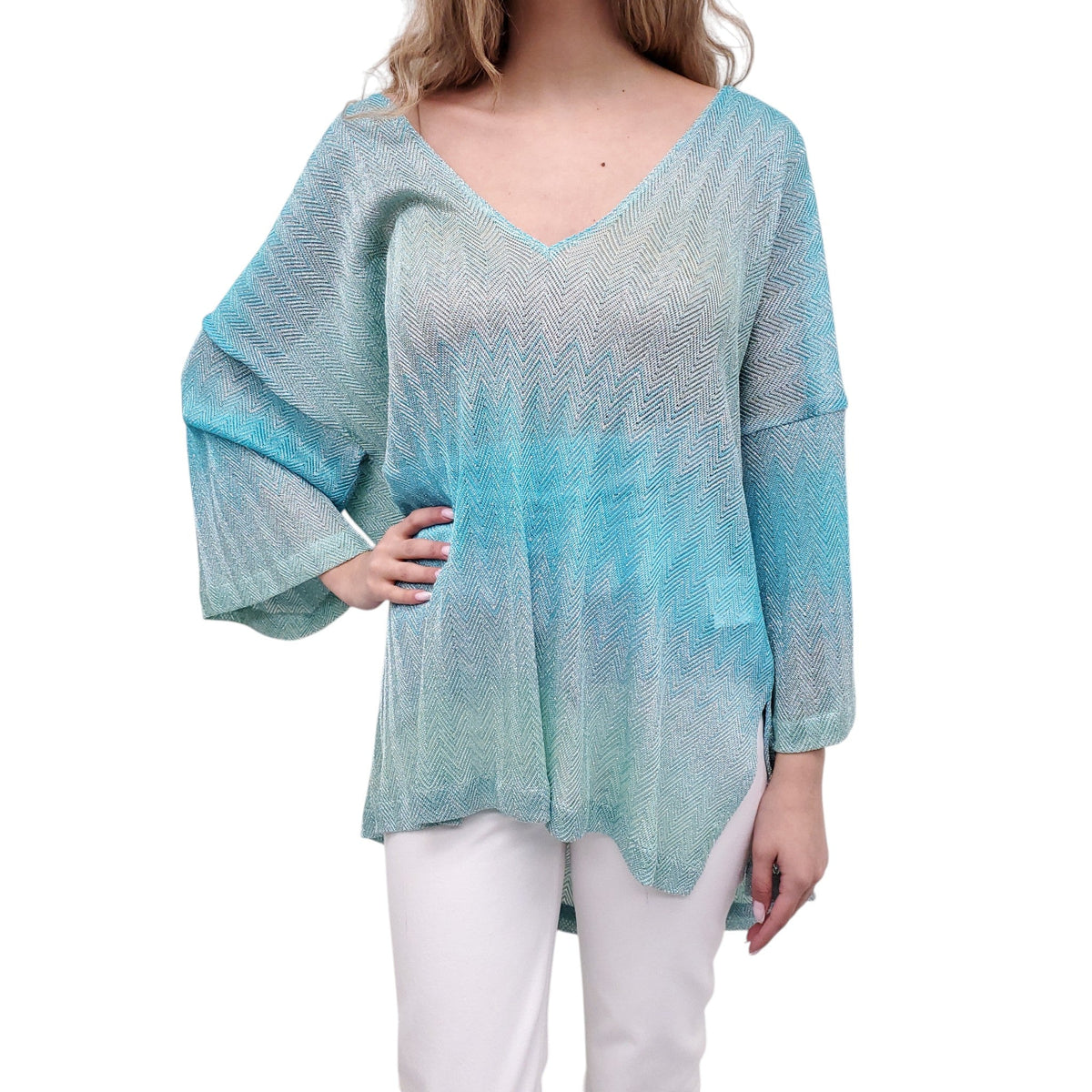 MISSONI BLUE METALLIC CHEVRON KNIT COVER UP TOP - SIZE 42