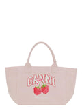 Ganni Women 'Trapeze Medium' Pink Tote Bag With Logo Lettering And Print On The Front In Cotton For Women