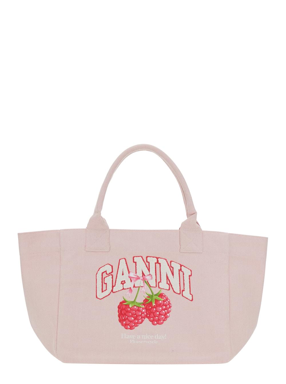 Ganni Women 'Trapeze Medium' Pink Tote Bag With Logo Lettering And Print On The Front In Cotton For Women