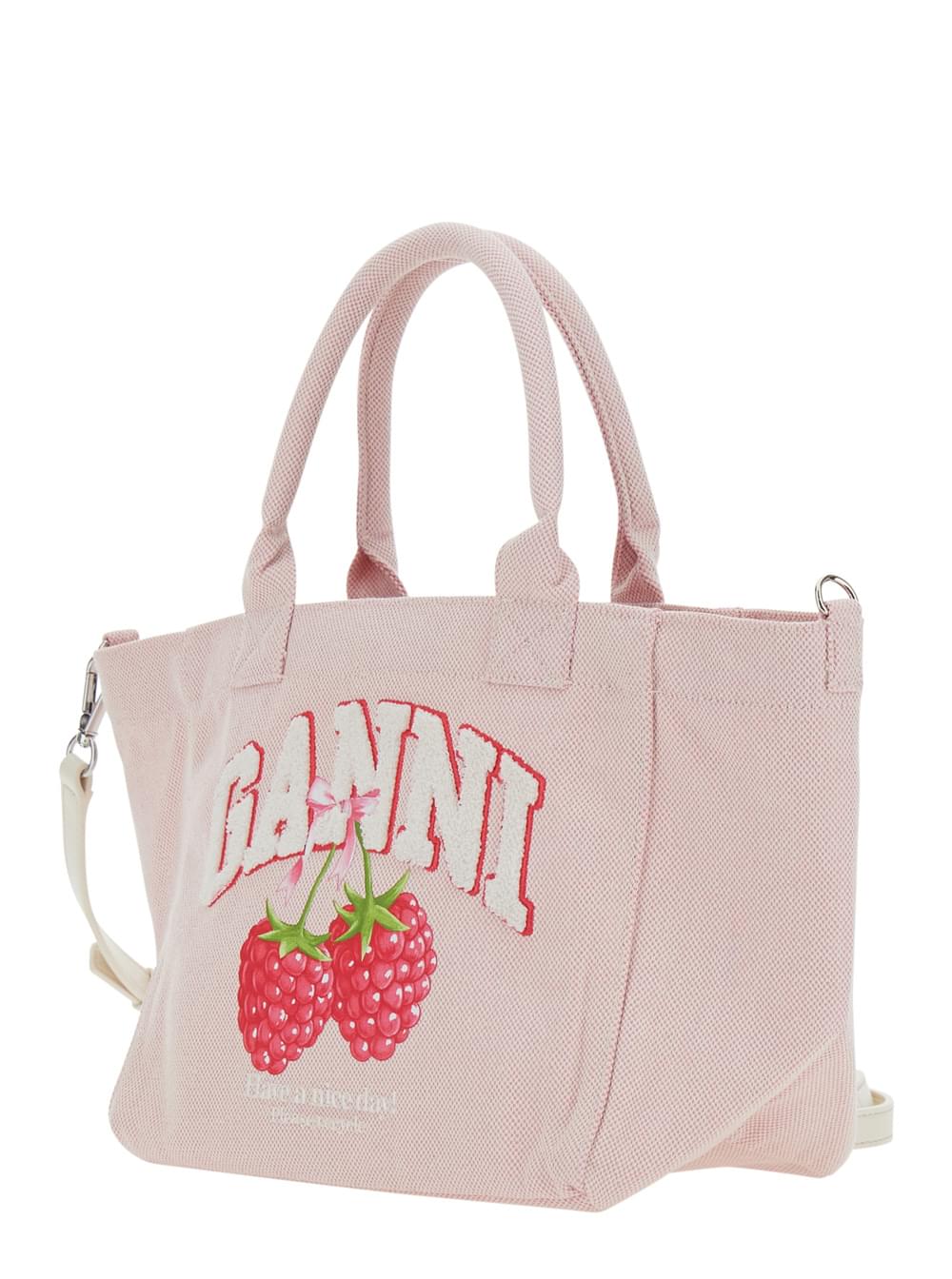Ganni Women Pink Small Tote Bag With Raspberry Print And Logo Lettering On The Front In Cotton For Women