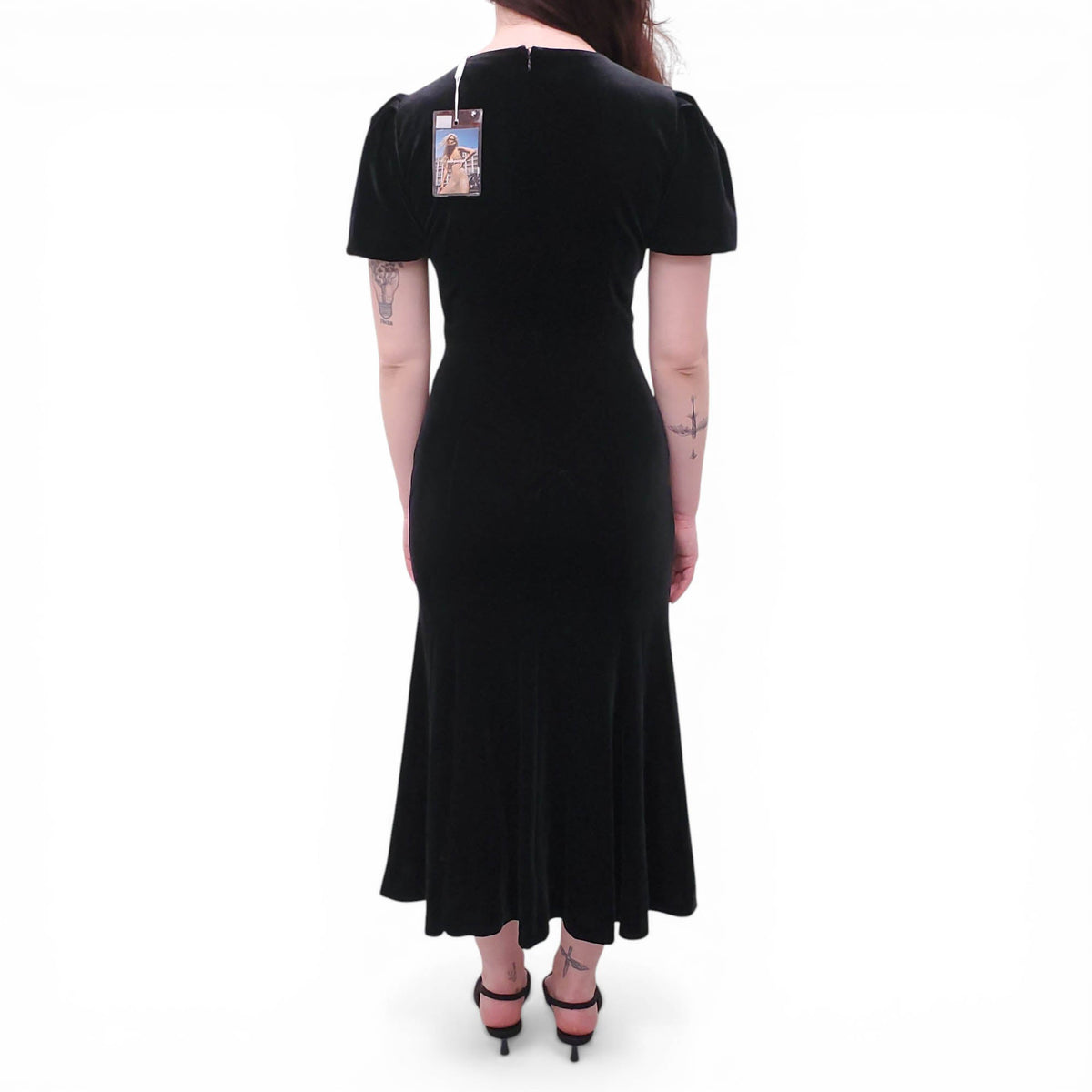 SELF-PORTRAIT BLACK VELVET EMBELLISHED MIDI DRESS - SIZE US 4