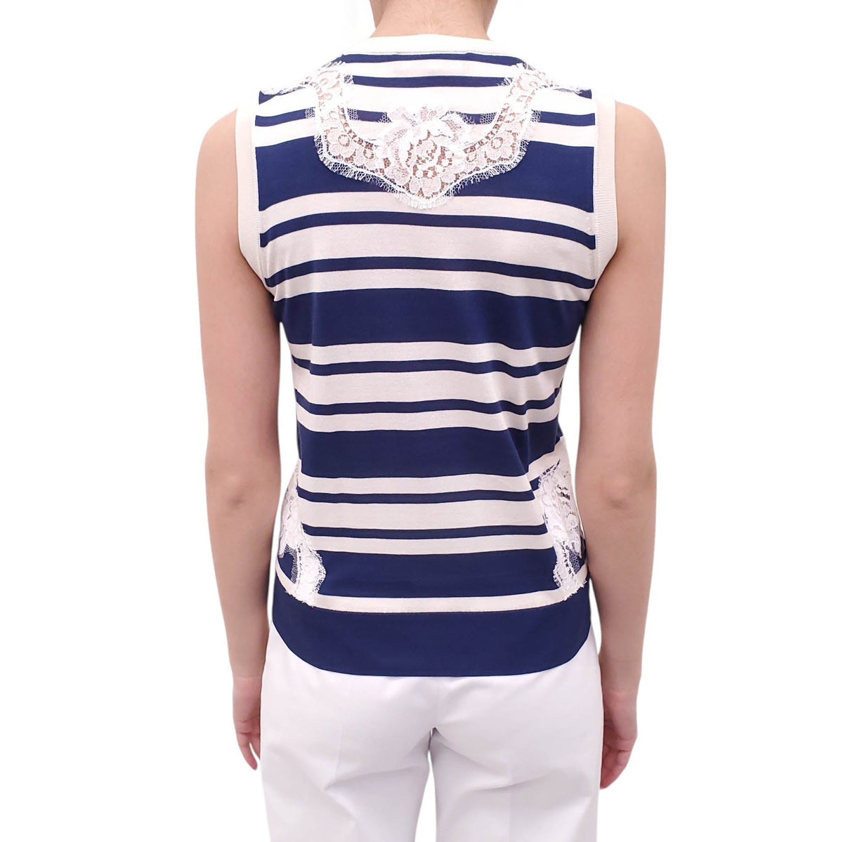 DOLCE & GABBANA STRIPED BLUE SLEEVELESS SWEATER WITH LACE DETAIL - SIZE 38