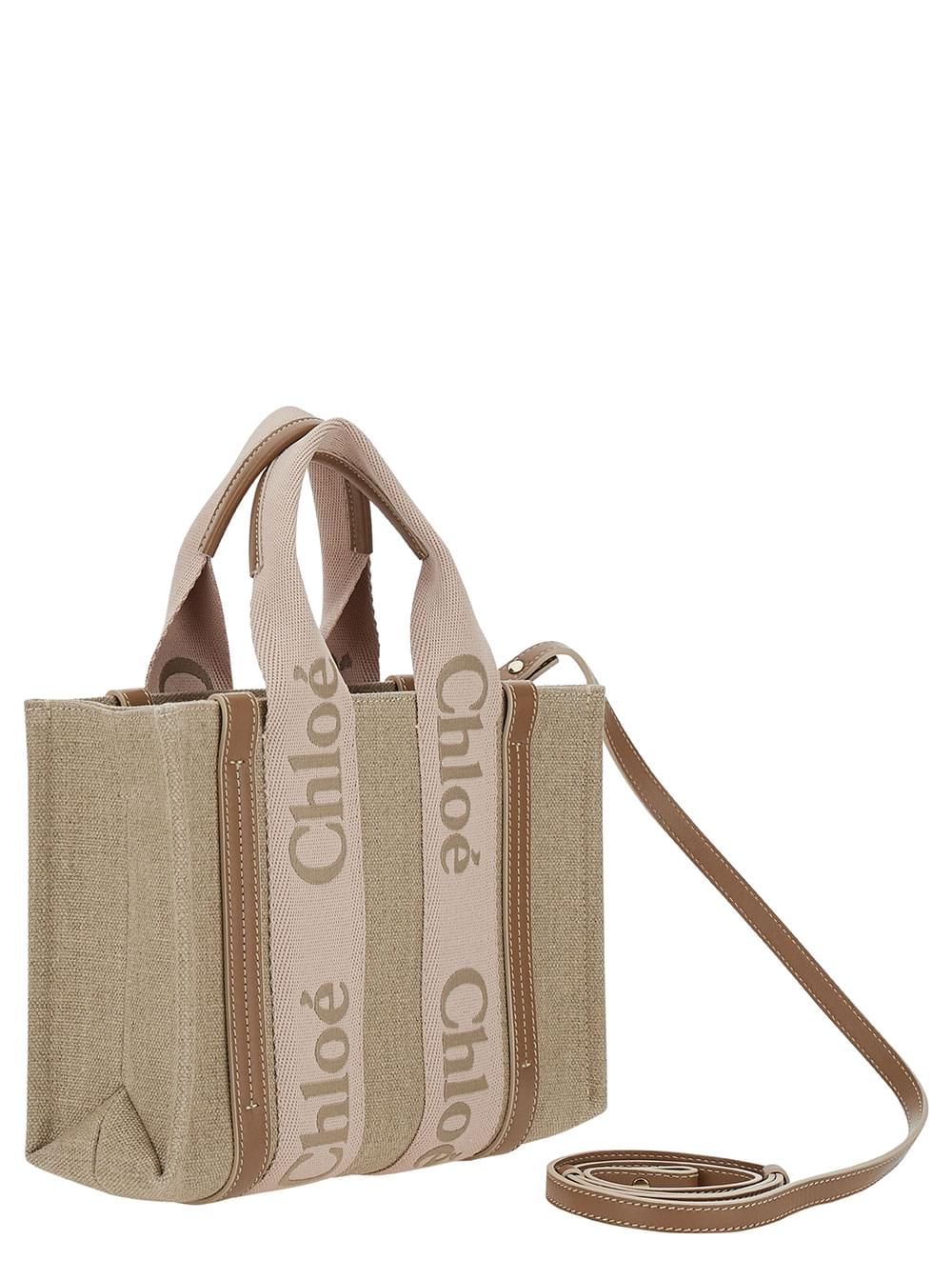 Chloé Women Tote Bag 'Woody Piccola' With Linen Logo Detail Beige Woman