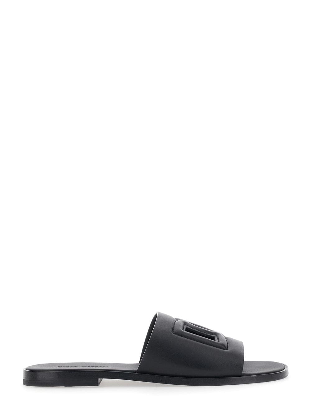 Dolce & Gabbana Men Black Leather Cut-Out Logo Detail Sandals For Men