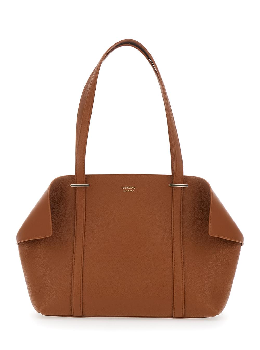 Ferragamo Women Tote Bag With Folded Sides And Logo Lettering On The Front In Brown Leather For Women