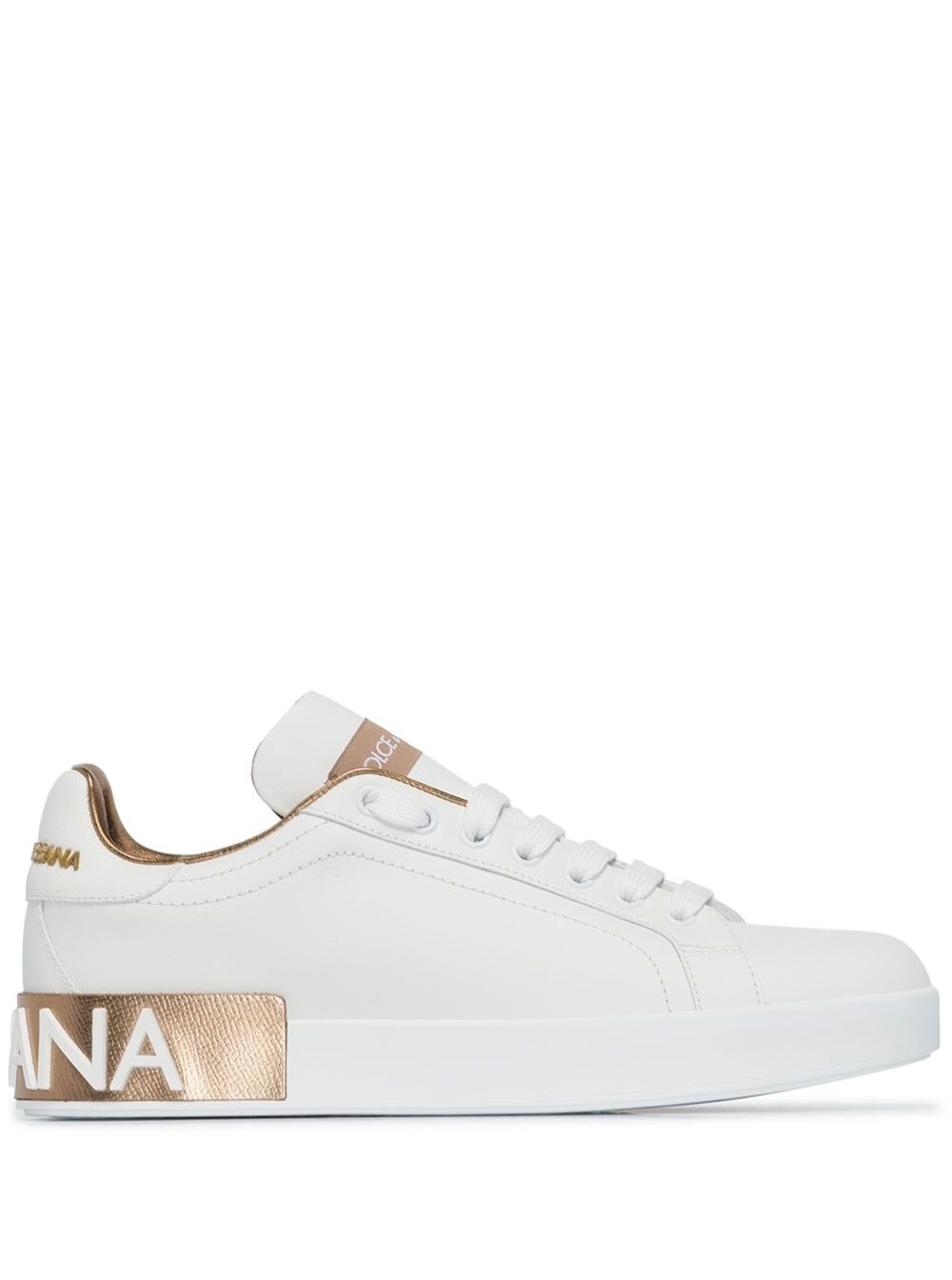Dolce & Gabbana Women 'Portofino' White And Gold Low Top Sneakers With Logo In Leather Woman