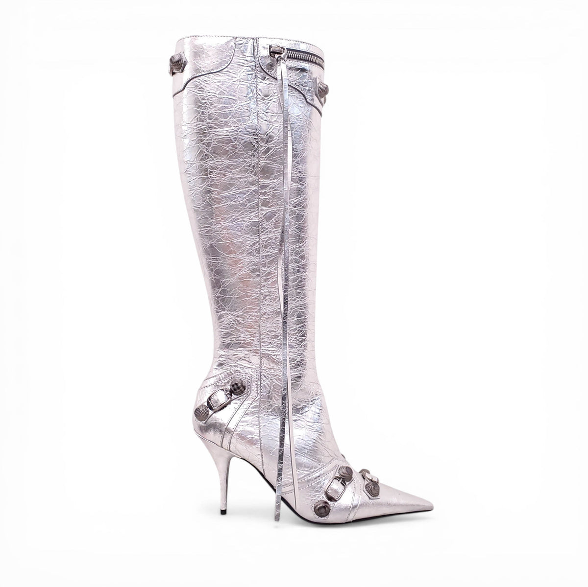 BALENCIAGA SILVER METALLIC CAGOLE BOOTS - SIZE 38