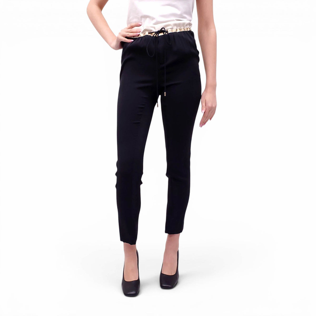 GUCCI BLACK SILK TROUSERS WITH GOLD AND WHITE WAISTBAND - SIZE 40