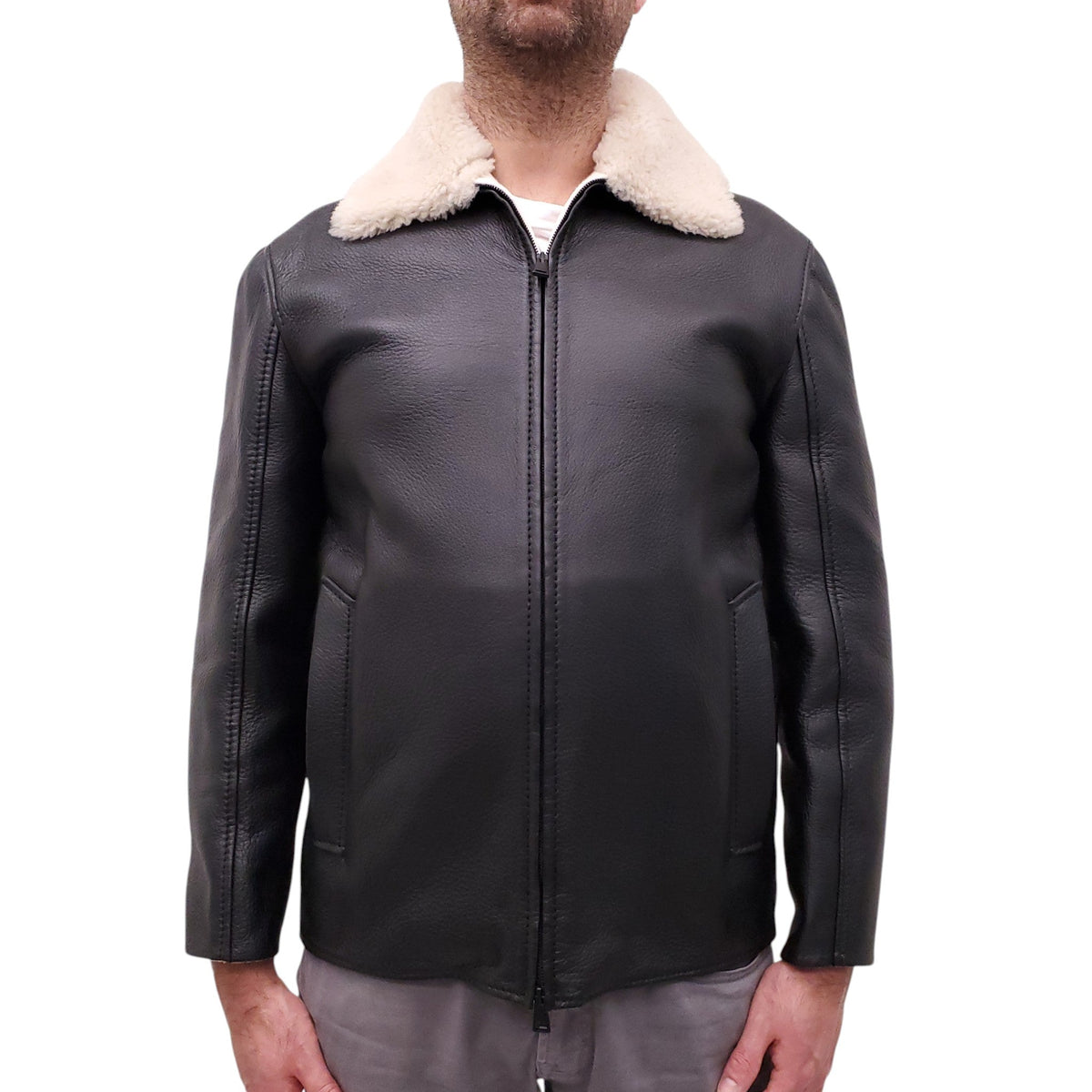 FENDI LEATHER BOMBER JACKET WITH SHEARLING COLLAR AND CASHMERE INTERIOR - MEN'S SIZE 48