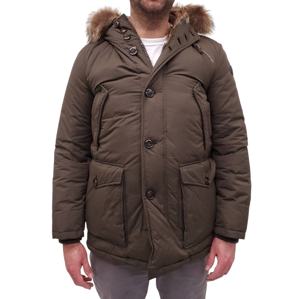 MONCLER SAGE GREEN BASTOGNE DOWN-FILLED JACKET WITH FUR LINING - MEN'S SIZE L