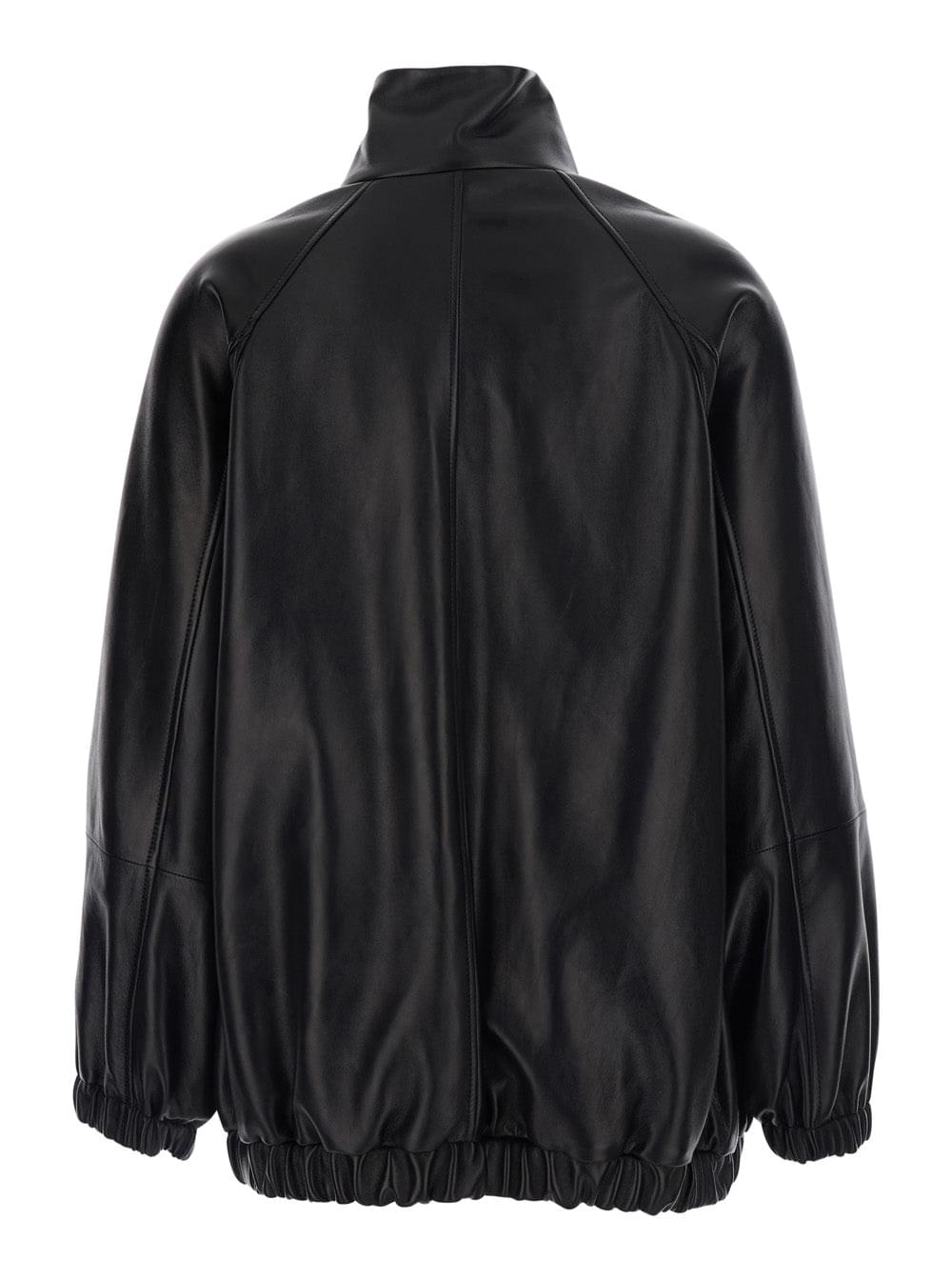 Brunello Cucinelli Women Black High Collar Jacket With Elasticized Trims In Leather For Women