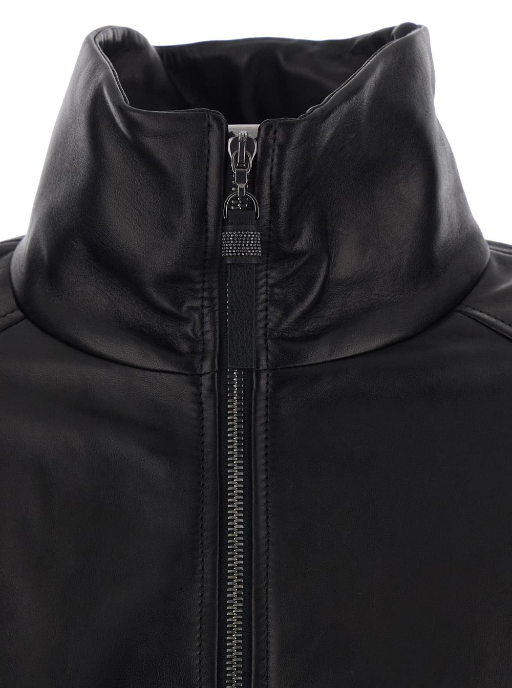 Brunello Cucinelli Women Black High Collar Jacket With Elasticized Trims In Leather For Women