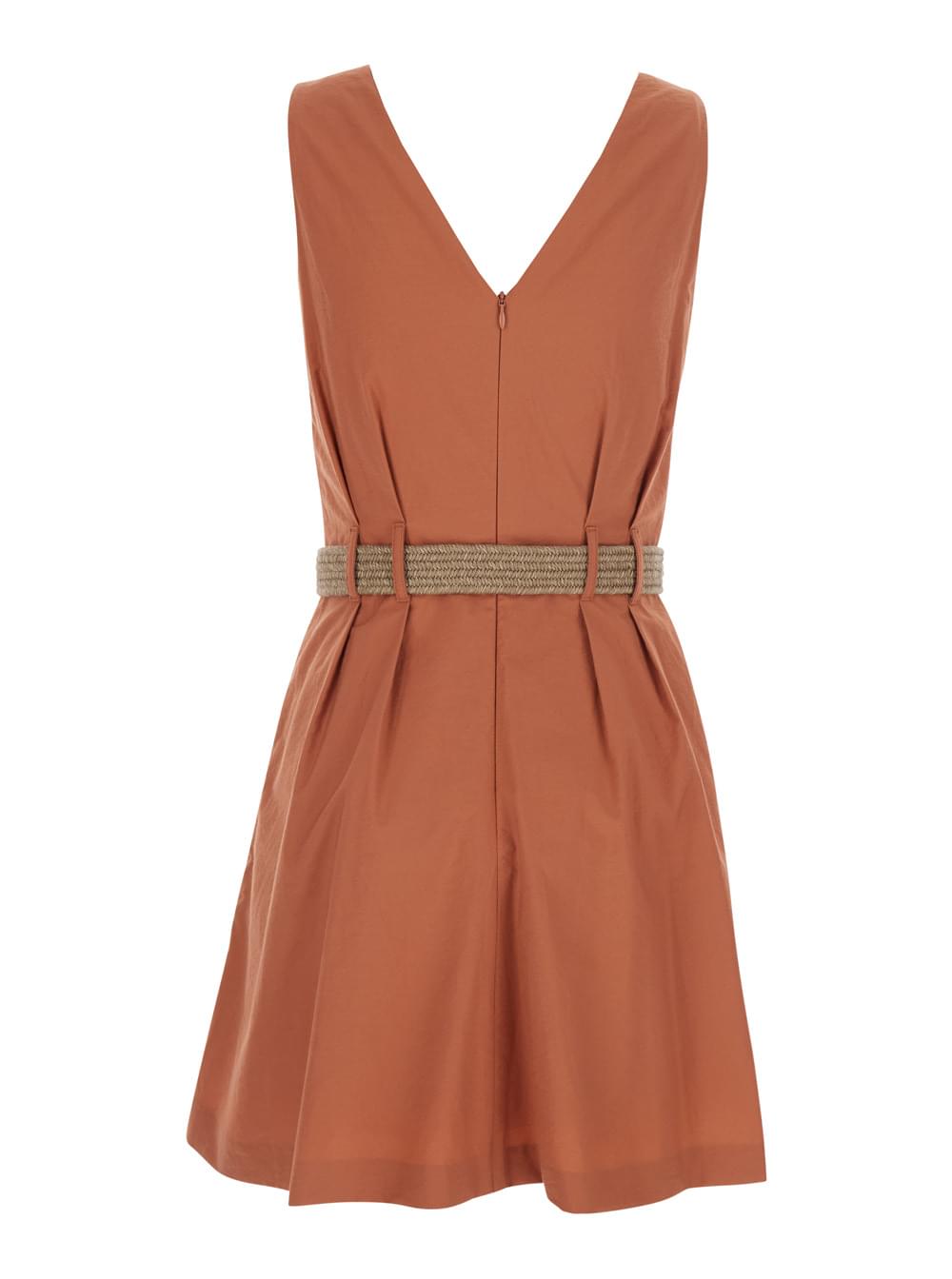 Brunello Cucinelli Women Orange Pleated Midi Dress With V-Neck And Belt With Monil Detail On The Front In Cotton For Women