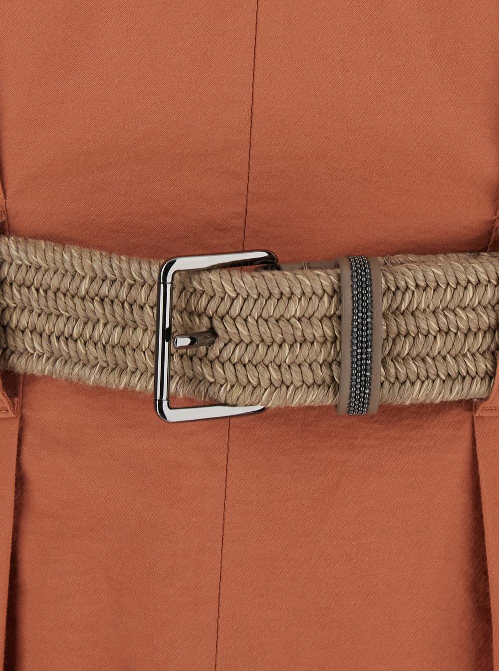 Brunello Cucinelli Women Orange Pleated Midi Dress With V-Neck And Belt With Monil Detail On The Front In Cotton For Women