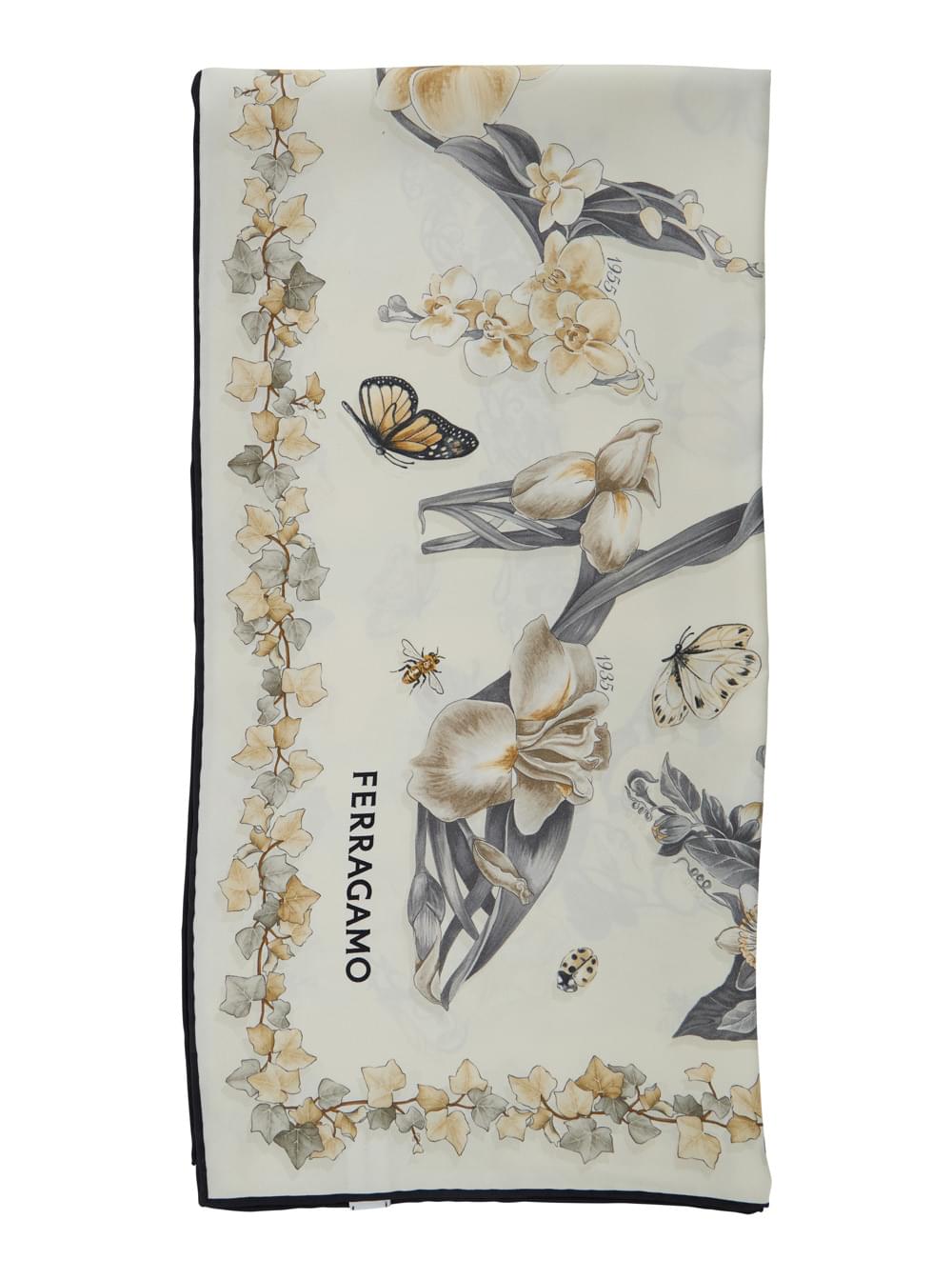 Ferragamo Women Beige Scarf With All-Over Floral Print In Silk  For Women