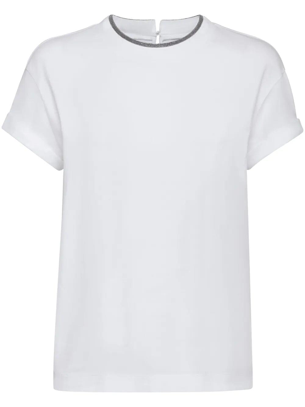 Brunello Cucinelli Women Stretch Cotton Jersey T-Shirt With Precious Faux Layering