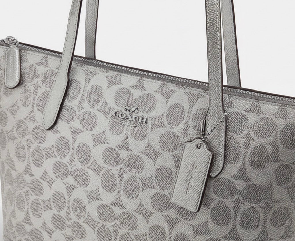 NWT Coach Fiona Zip Tote In Pearlized Signature Canvas & Metallic Smooth Leather