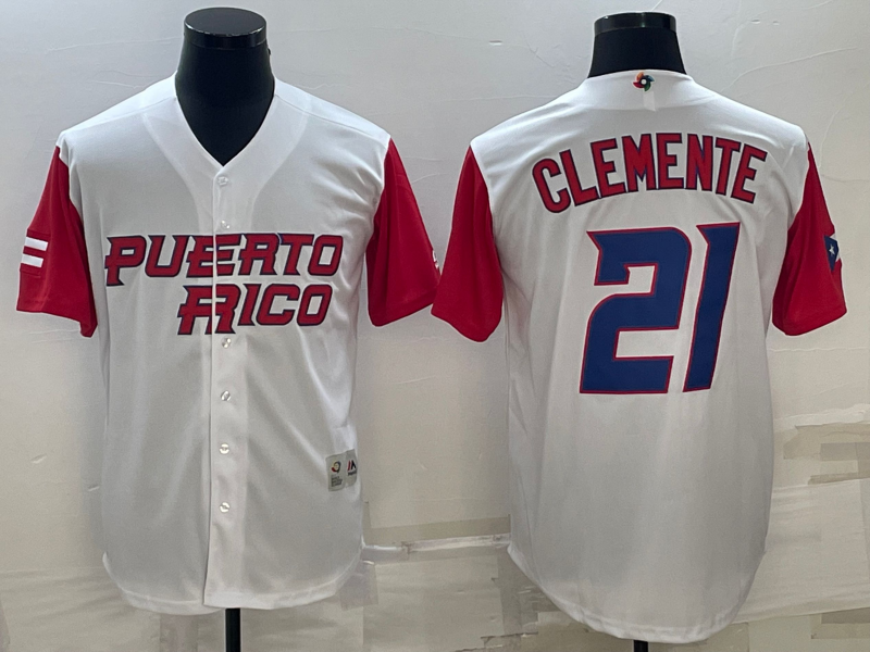 Men's 2023 World Baseball Classic #21 Roberto Clemente Puerto Rico Jersey1 White