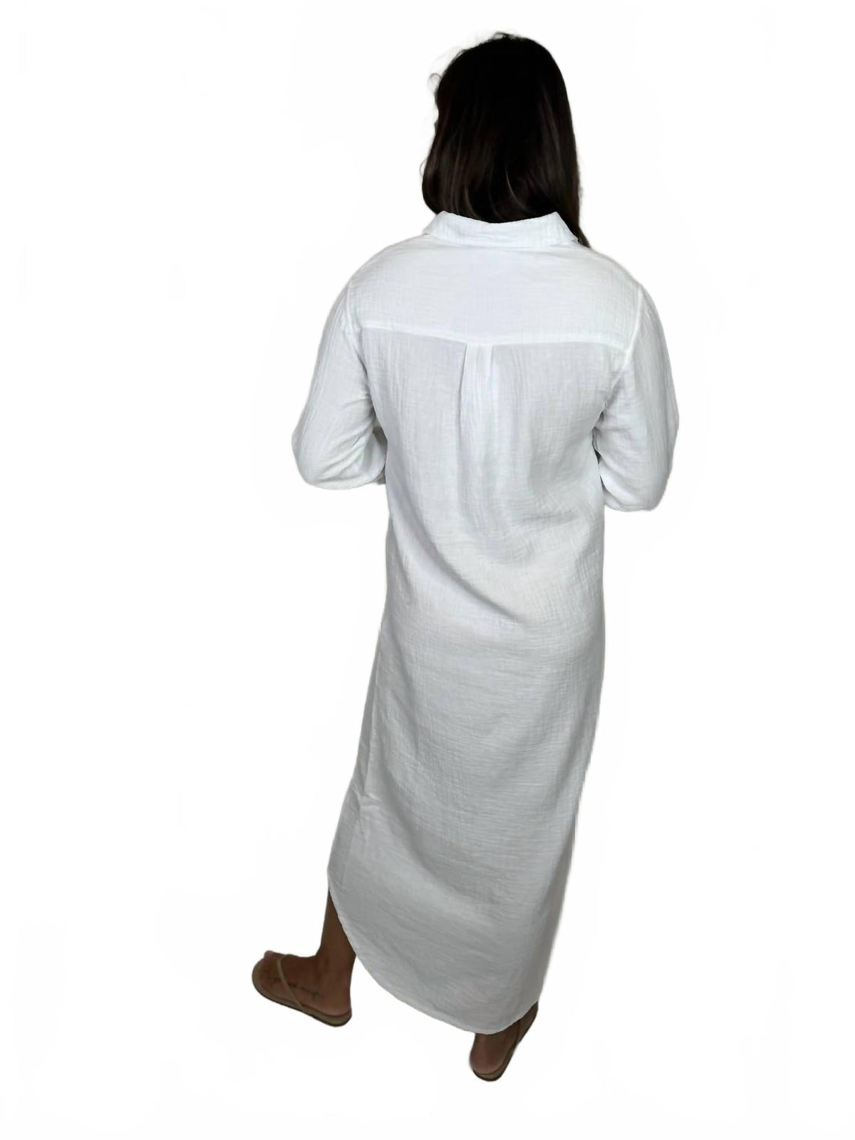 Button Front Maxi Shirt Dress In White
