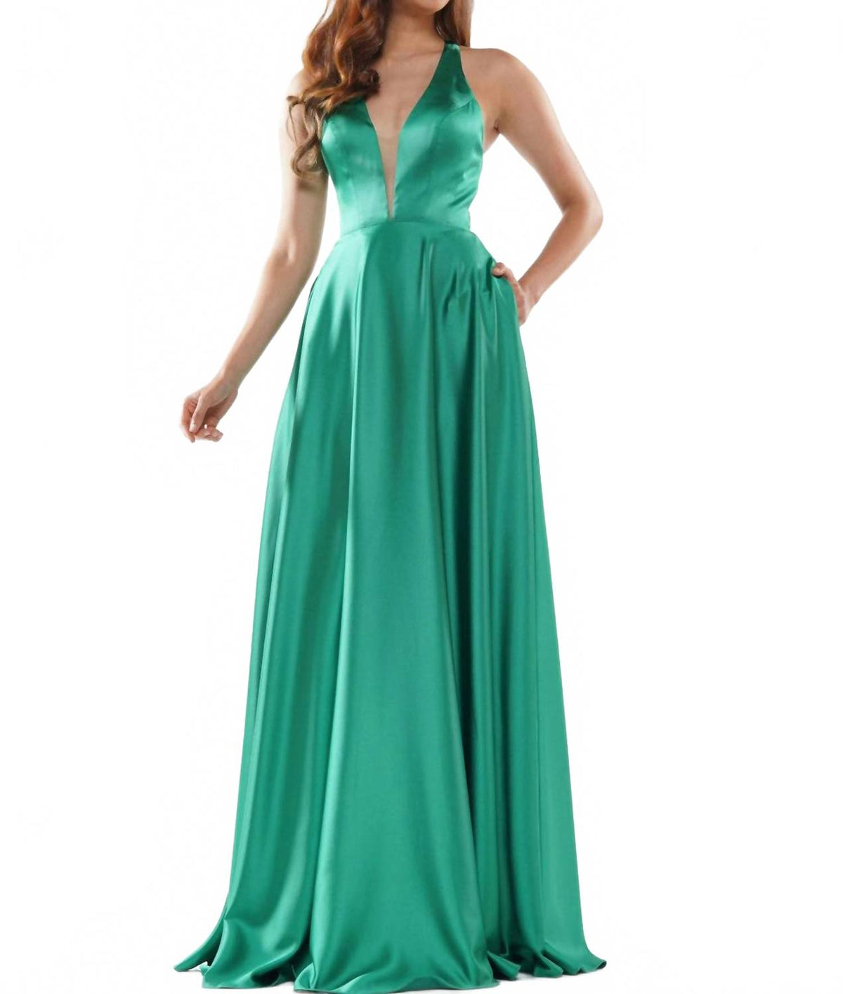 A-Line Satin Gown In Emerald