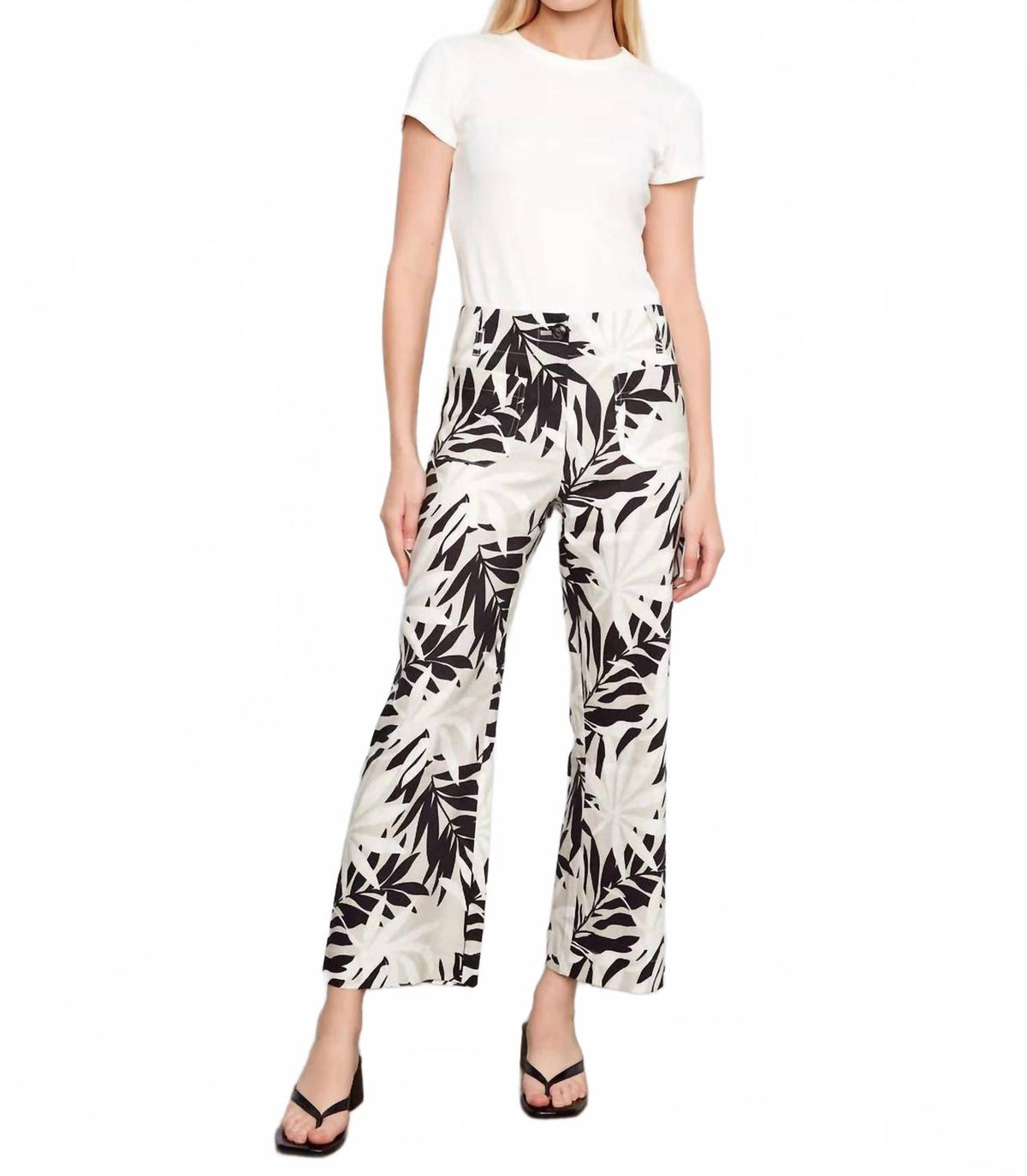 Printed Cropped Linen Blend Pants In Black