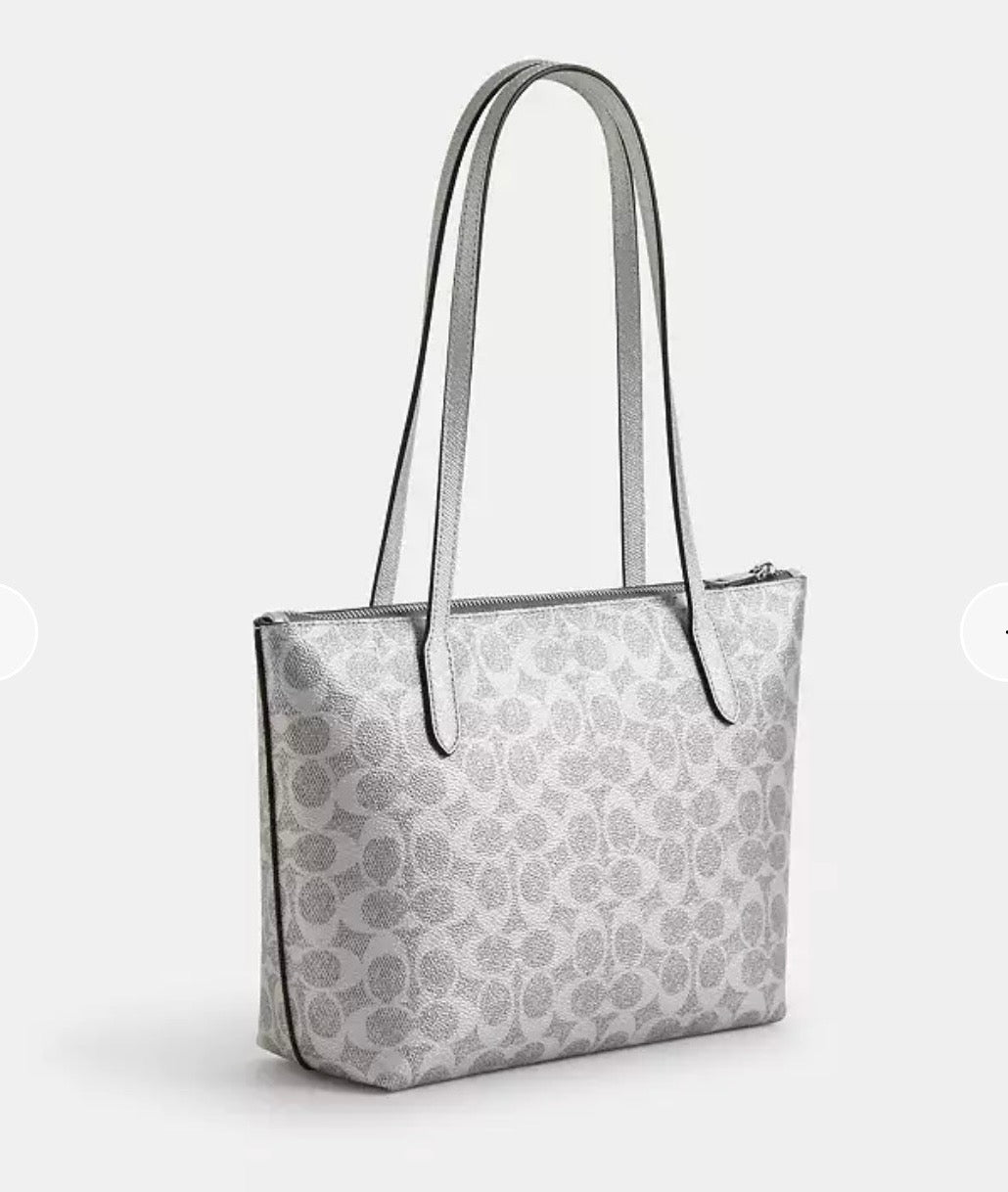 NWT Coach Fiona Zip Tote In Pearlized Signature Canvas & Metallic Smooth Leather