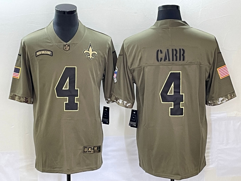 Men's New Orleans Saints Derek Carr #4 Olive 2022 Salute To Service Retired Player Limited jersey