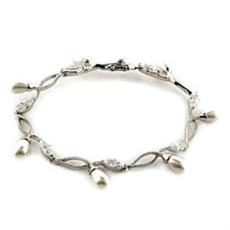 Rhodium 925 Sterling Silver Bracelet with Synthetic Pearl in White