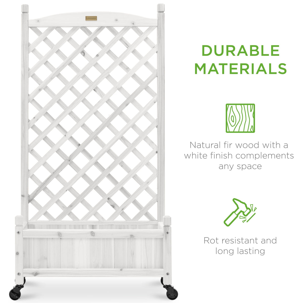 Best Choice Products Set of 2 48in Wood Planter Box & Diamond Lattice Trellis, w/ Drainage, Optional Wheels - White