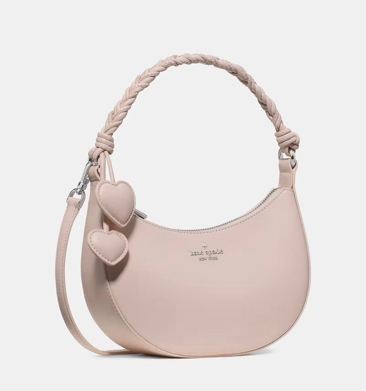 NWT Kate Spade Nova Braided Crescent Leather Shoulder Bag With Heart Charms