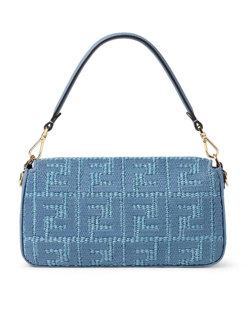 Fendi Women Baguette Bag In Woven Raffia With Blue Ff Embroidery