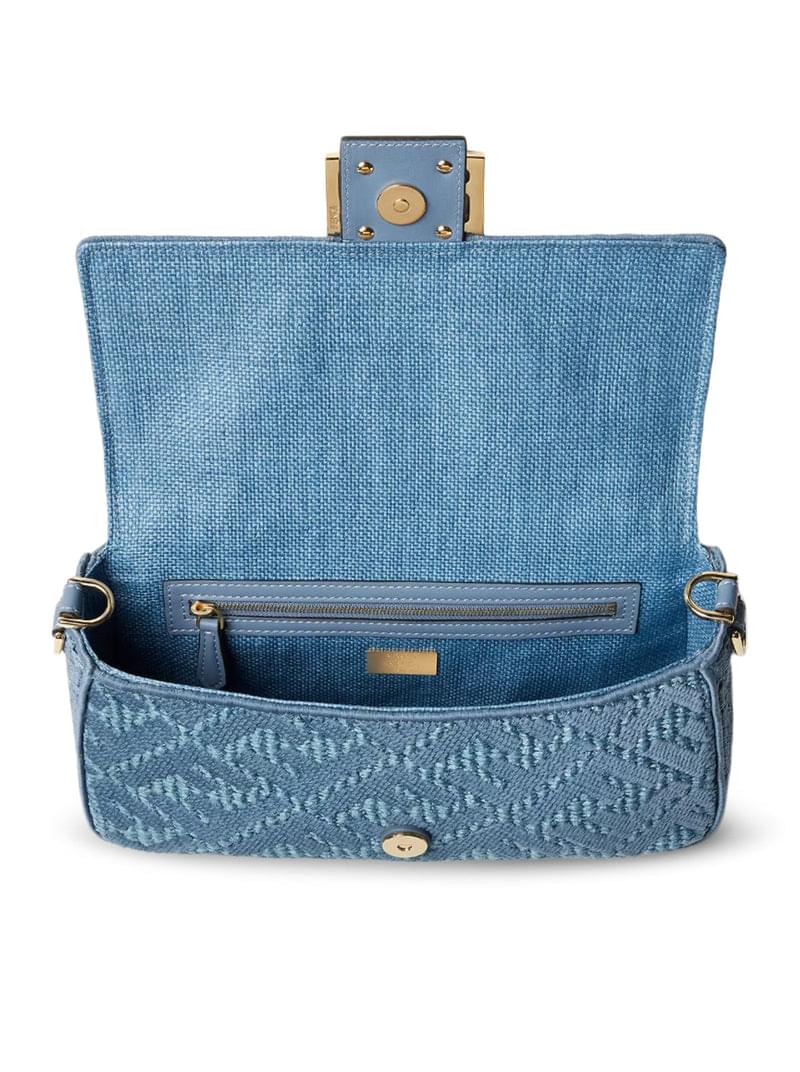 Fendi Women Baguette Bag In Woven Raffia With Blue Ff Embroidery