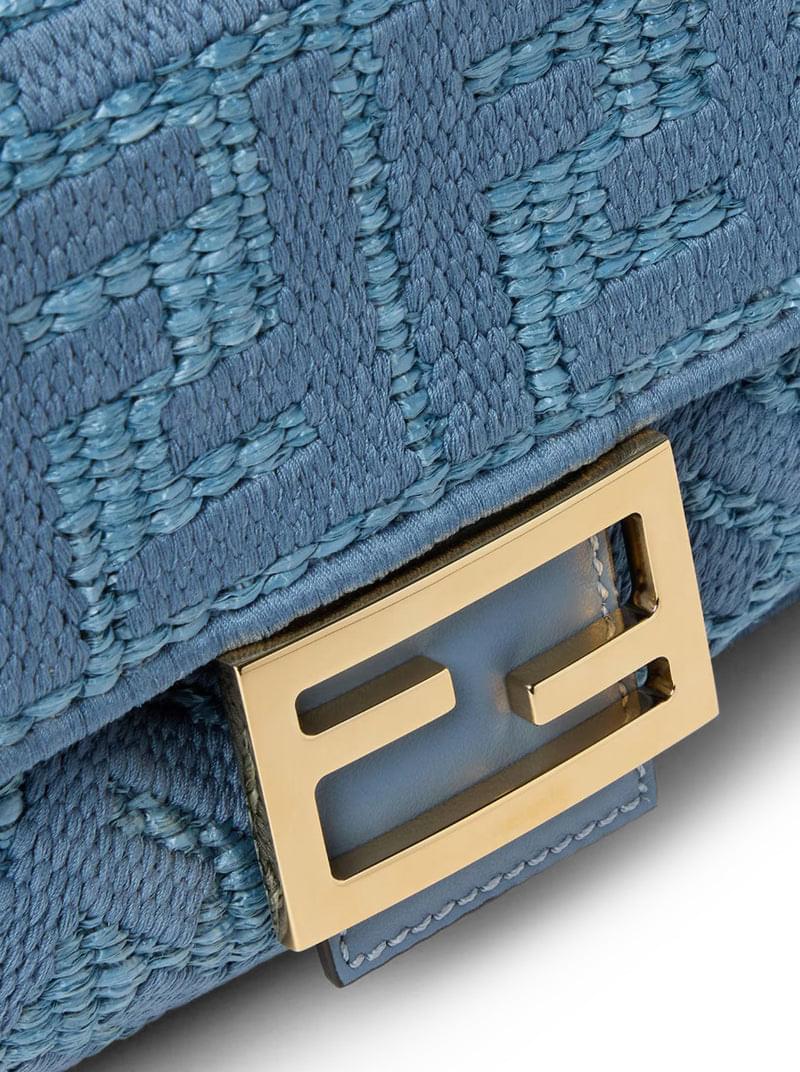 Fendi Women Baguette Bag In Woven Raffia With Blue Ff Embroidery