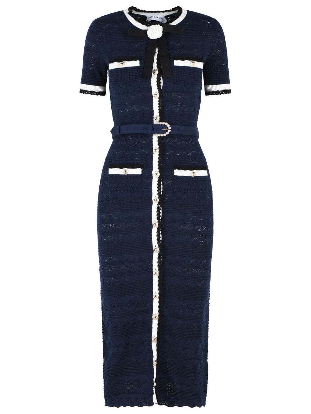 Self Portrait Navy Cotton Blend Openwork Knit Midi Dress Women