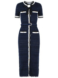 Self Portrait Navy Cotton Blend Openwork Knit Midi Dress Women